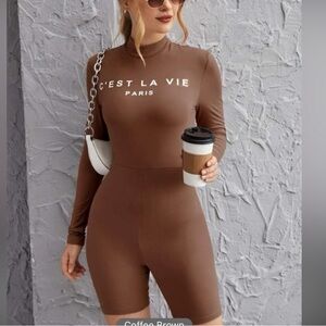 SHEIN Tan/white Zipper back Detail C’est La Vie Paris leotard jumpsuit SZ Small